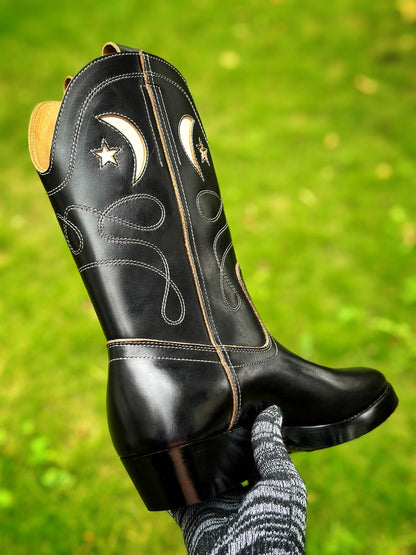 Moon&Star CowBoy Boots -Black Full grain teacore cowhide