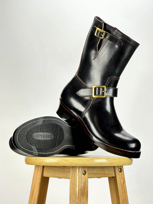 Engineer Boots 9" MTO- Black Maryam Horsebutt oiled and waxy with hand painting-BG2382